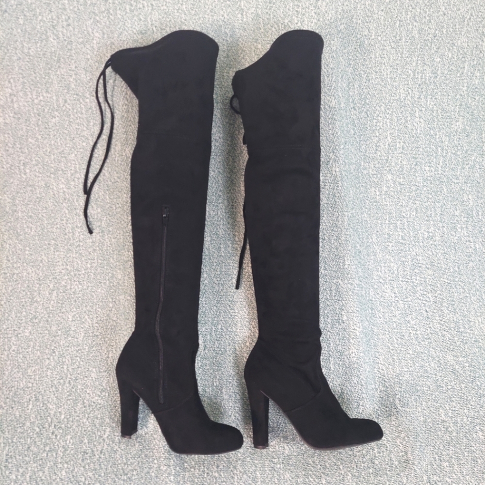 Black Stretch Fabric Over-the-Knee Boots